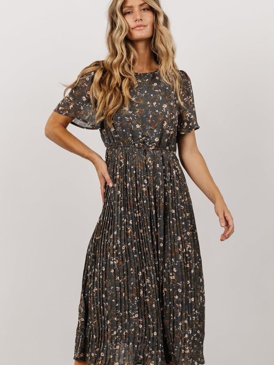 Baltic Born Dresses & Skirts - Baltic Born Olive Green Floral Pleated Midi Dress